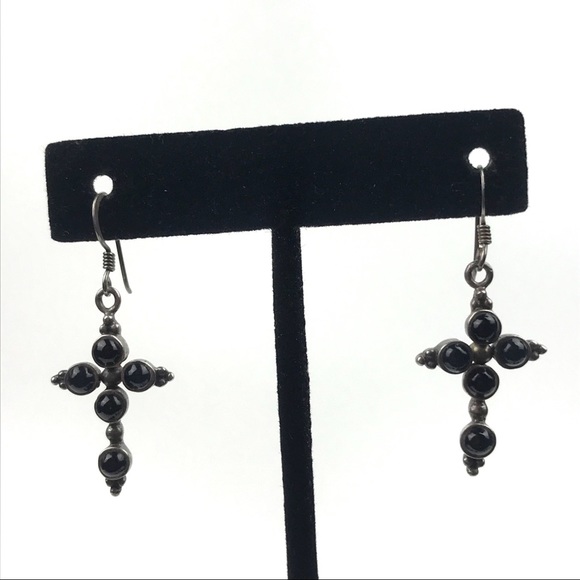 Jewelry - Sterling Silver Onyx Cross Religious Earrings